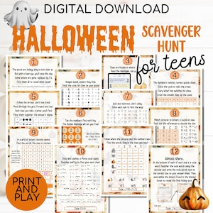 Búsqueda del tesoro de Halloween para adolescentes y preadolescentes, búsqueda del tesoro de Halloween en interiores para niños mayores, actividad de Halloween imprimible, rompecabezas
