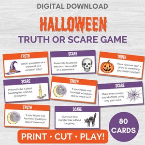 Könnte beinhalten: Ein digitales Halloween Truth or Scare Spiel mit 80 Karten. Die Karten sind orange oder lila und zeigen Illustrationen von Hexenhut, Totenkopf, Kürbis, Kerze, Mond, Spinnennetz und Katze sowie den Text Print, Cut, Play zum Ausdrucken.