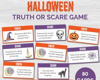 Puede incluir: Un juego digital de Halloween Truth or Scare con 80 tarjetas. Las tarjetas son naranjas o moradas con ilustraciones de sombrero de bruja, calavera, calabaza, vela, luna, telaraña y gato, incluyendo el texto Print, Cut, Play para imprimir.