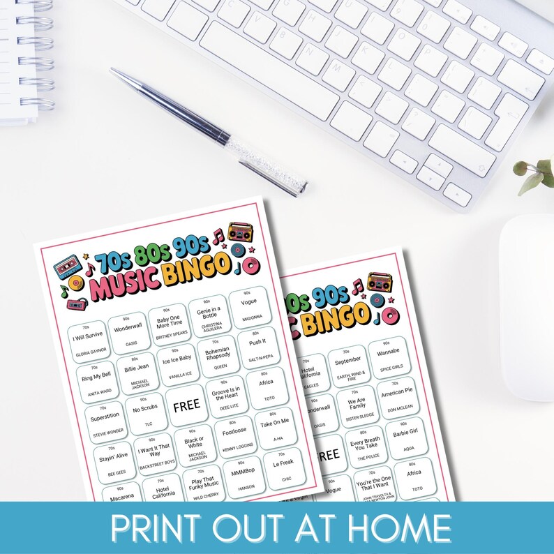 70s 80s 90s Music Bingo, Decades Bingo, Printable Game with 200 Bingo Cards, Spotify Playlist, Digital Download for Family Reunion or Party