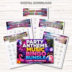 May include: A bundle of party music bingo games, including 70s, 80s, 90s, 2000s, and modern anthems. Each game card features a colorful design with song titles. The bundle includes 5 games with 100 cards each and a playlist link.