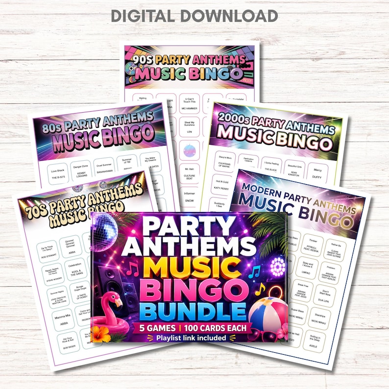 May include: A bundle of party music bingo games, including 70s, 80s, 90s, 2000s, and modern anthems. Each game card features a colorful design with song titles. The bundle includes 5 games with 100 cards each and a playlist link.