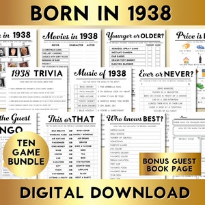 Juegos para fiestas de cumpleaños número 87, nacidos en 1938, paquete de 10 juegos imprimibles, descarga instantánea, editables, personalizables, música, trivia, libro de visitas BP001