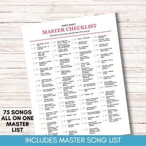 Puede incluir: Una lista de verificaci&oacute;n blanca titulada "Master Checklist" con 75 t&iacute;tulos de canciones, incluyendo "24K Magic", "Baby, I Love Your Way" y "Cheap Thrills". La lista est&aacute; en una hoja blanca con texto rosa.