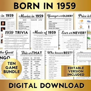 66th Birthday Party Games, Born in 1959, Printable 10 Game Bundle, Instant Download, Editable, Personalize, Music, Trivia, Guest Book BP001