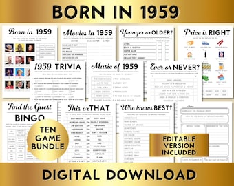 65th Birthday Party Games, Born in 1959, Editable Printable Game Bundle, Instant Download, Price Is Right, Music, Trivia, Guest Book BP001