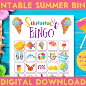 Jogo de bingo para impressão de festa de verão, 50 cartas, diversão em família, atividades de fim de escola