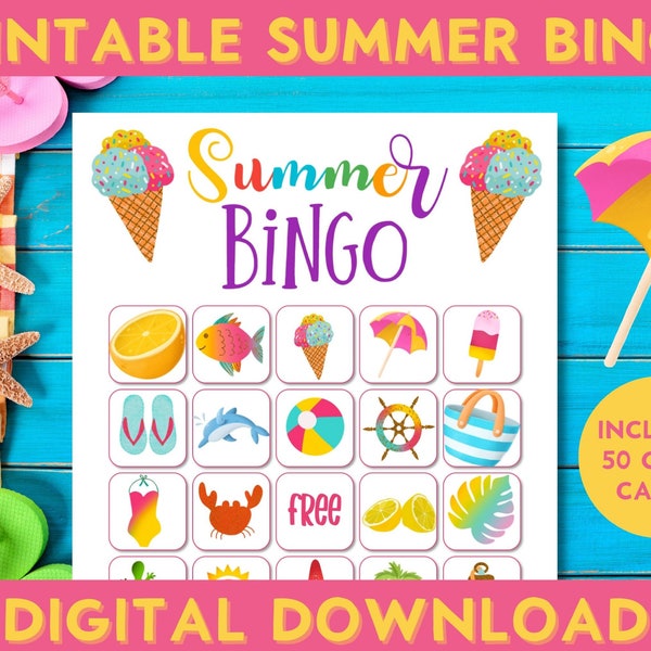 Summer Party Printable Bingo Game, 50 Cards, Family Fun, End Of School Activities