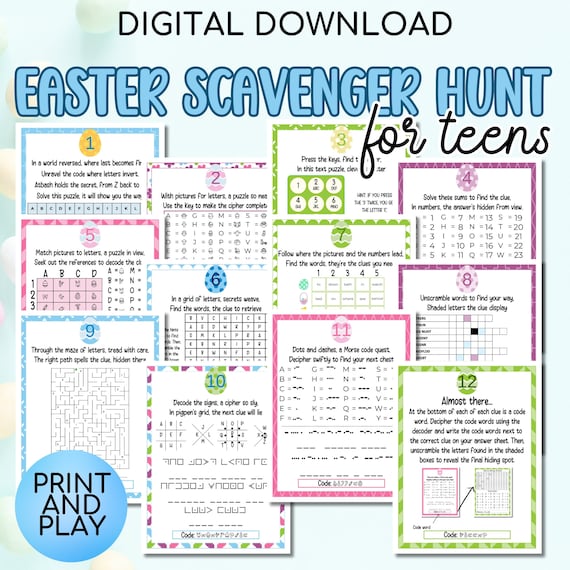 Easter Scavenger Hunt For Teens & Tweens, Indoor Easter Treasure Hunt For Older Kids, Easter Activity, Puzzles, Printable Easter Egg Hunt