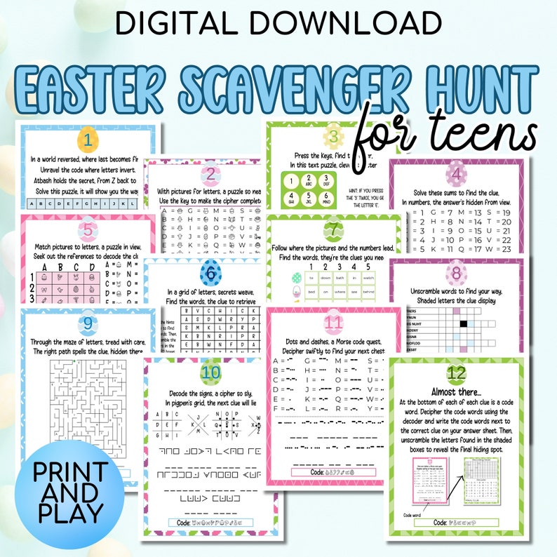 Easter Scavenger Hunt For Teens & Tweens, Indoor Easter Treasure Hunt For Older Kids, Easter Activity, Puzzles, Printable Easter Egg Hunt