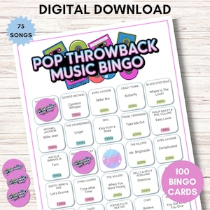 Puede incluir: Descarga digital de un juego de Bingo de Música Pop Throwback. El juego presenta 75 canciones y 100 cartones de bingo. El diseño incluye gráficos coloridos de cintas de cassette, CD y una bola de discoteca, con títulos de canciones y nombres de artistas.