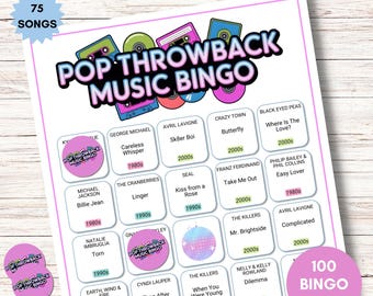 Puede incluir: Descarga digital de un juego de Bingo de Música Pop Throwback. El juego presenta 75 canciones y 100 cartones de bingo. El diseño incluye gráficos coloridos de cintas de cassette, CD y una bola de discoteca, con títulos de canciones y nombres de artistas.