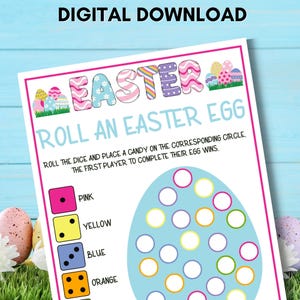 Puede incluir: Tablero de juego de Pascua imprimible con una forma de huevo azul y círculos para colocar caramelos. Las instrucciones del juego son "Tira los dados y coloca un caramelo en el círculo correspondiente. El primer jugador en completar su huevo gana." Hay cuatro dados de diferentes colores: rosa, amarillo, azul y naranja.