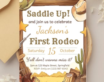 My First Rodeo Invitation, Editable Cowboy Birthday Invite, Digital Download, Wild West 1st Birthday Party Template