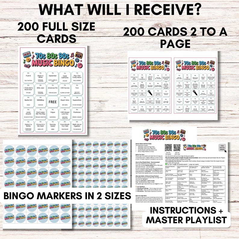 70s 80s 90s Music Bingo, Decades Bingo, Printable Game with 200 Bingo Cards, Spotify Playlist, Digital Download for Family Reunion or Party