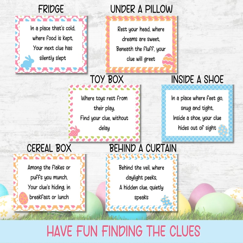 Easter Scavenger Hunt For Kids, Indoor Outdoor Easter Game, Treasure Hunt Clues, Easter Hunt Clues, Easter Egg Hunt, Kids Easter Activities
