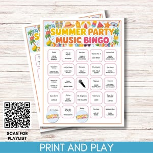 Puede incluir: Dos tarjetas de juego "Summer Party Music Bingo" con un dise&ntilde;o colorido con gr&aacute;ficos de verano y t&iacute;tulos de canciones. Un c&oacute;digo QR es visible, junto con el texto "Scan for Playlist" y "Print and Play".