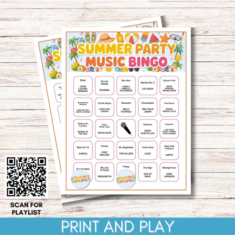 Puede incluir: Dos tarjetas de juego "Summer Party Music Bingo" con un dise&ntilde;o colorido con gr&aacute;ficos de verano y t&iacute;tulos de canciones. Un c&oacute;digo QR es visible, junto con el texto "Scan for Playlist" y "Print and Play".