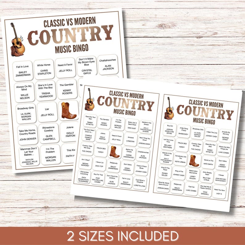 Modern vs Classic Country Music Bingo – 200 Cards Printable Party Game (Large Group)