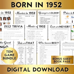 Jogos de festa de aniversário de 73 anos, nascido em 1952, pacote de 10 jogos para impressão, download instantâneo, música, curiosidades, livro de visitas BP001