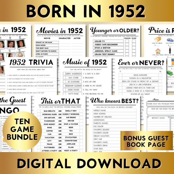 72nd Birthday Party Games, Born in 1952, Printable 10 Game Bundle, Instant Download, Bingo, Price Is Right, Music, Trivia, Guest Book BP001