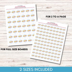 May include: Two sheets of bingo markers with the text "AMAZING LOVES" in a colorful design. One sheet is labeled "FOR FULL SIZE BOARDS" and the other "FOR 2 TO A PAGE". The text "2 SIZES INCLUDED" is at the bottom.