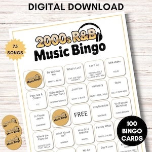 May include: A white sheet of 2000s R&B Music Bingo cards with song titles and artist names. The words "DIGITAL DOWNLOAD" and "75 SONGS" are at the top. The bingo card has 100 cards and includes a free space.