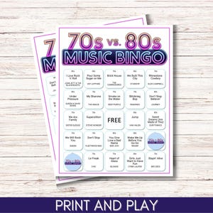Pode incluir: Um cart&atilde;o de bingo musical imprim&iacute;vel dos anos 70 contra os anos 80 com um design de n&eacute;on rosa e roxo. O cart&atilde;o apresenta uma grade de 25 quadrados com t&iacute;tulos de m&uacute;sicas dos anos 70 e 80. Os quadrados s&atilde;o etiquetados com a d&eacute;cada da m&uacute;sica. O cart&atilde;o tamb&eacute;m inclui um espa&ccedil;o livre no centro.