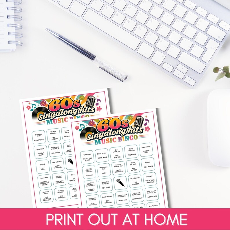 May include: Two white paper sheets featuring a 60s singalong hits music bingo game. Each sheet displays a colorful header with a vinyl record, microphone, and floral icons. The grid contains song titles and artist names in black text.