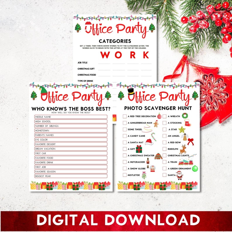 Pu&ograve; includere: Tre schede di gioco per feste di ufficio natalizie stampabili. La prima scheda &egrave; intitolata "Office Party" e ha le categorie "Work" con le seguenti sottocategorie: "Job Title", "Christmas Gift", "Christmas Food" e "Type of Drink". La seconda scheda &egrave; intitolata "Office Party" e ha il titolo "Who Knows the Boss Best?" con le seguenti sottocategorie: "Middle Name", "High School", "Number of Siblings", "Hometown", "Parents Names", "Eye Color", "Favorite Dessert", "Dream Vacation", "First Car", "Favorite Food", "Favorite Drink", "First Job", "Favorite Season" e "Biggest Fear". La terza scheda &egrave; intitolata "Office Party" e ha il titolo "Photo Scavenger Hunt" con le seguenti sottocategorie: "A Red Tree Decoration", "A Wreath", "A Gingerbread Man", "A Stocking", "Some Tinsel", "A Star", "An Angel", "A Candy Cane", "A Santa Hat", "A Gift", "A Christmas Sweater", "A Nutcracker", "A Snow Globe", "Mistletoe", "A Red Bow", "Rudolph", "Christmas Lights", "A Train", "A Green Ornament" e "Santa".