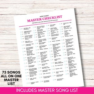 May include: A white paper host sheet titled MASTER CHECKLIST with a list of 75 songs numbered 01 to 75, each with a checkbox. The text includes song titles and artists from 500 Miles by The Proclaimers to You Spin Me Round by Dead or Alive.