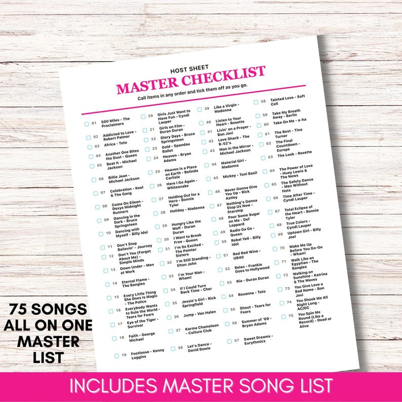 May include: A white paper host sheet titled MASTER CHECKLIST with a list of 75 songs numbered 01 to 75, each with a checkbox. The text includes song titles and artists from 500 Miles by The Proclaimers to You Spin Me Round by Dead or Alive.