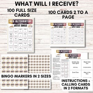 Op de afbeelding: Een set van 100 printbare 90s alternatieve muziek bingo kaarten. De kaarten bevatten een verscheidenheid aan populaire 90s alternatieve bands en nummers. De set bevat ook bingo markers in twee maten en instructies voor het spelen van het spel. De tekst op de afbeelding luidt "Wat ontvang ik? 100 kaarten in volledige grootte, 100 kaarten 2 per pagina, 90s alternatieve muziek bingo, instructies + oproepkaarten in 2 formaten, bingo markers in 2 maten".