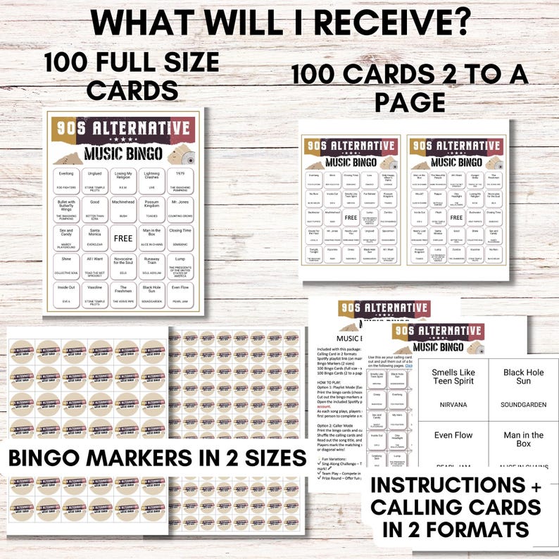Op de afbeelding: Een set van 100 printbare 90s alternatieve muziek bingo kaarten. De kaarten bevatten een verscheidenheid aan populaire 90s alternatieve bands en nummers. De set bevat ook bingo markers in twee maten en instructies voor het spelen van het spel. De tekst op de afbeelding luidt "Wat ontvang ik? 100 kaarten in volledige grootte, 100 kaarten 2 per pagina, 90s alternatieve muziek bingo, instructies + oproepkaarten in 2 formaten, bingo markers in 2 maten".