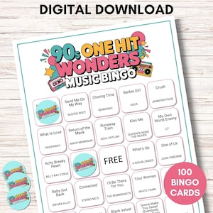 Bingo musical de los éxitos de los 90 - 100 tarjetas imprimibles - Divertido juego de fiesta con lista de reproducción de Spotify - Descarga digital instantánea
