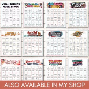 Puede incluir: Un conjunto de tarjetas de bingo musical con temas variados, como "Viral Sounds", "70s, 80s, 90s", "60s Music" y "90s Hip-Hop". Cada tarjeta presenta una cuadr&iacute;cula de t&iacute;tulos de canciones y la palabra "FREE". El texto "ALSO AVAILABLE IN MY SHOP" est&aacute; en la parte inferior.