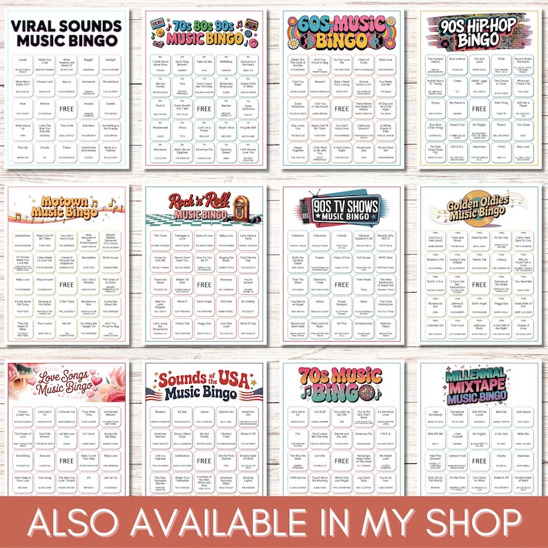 Puede incluir: Un conjunto de tarjetas de bingo musical con temas variados, como "Viral Sounds", "70s, 80s, 90s", "60s Music" y "90s Hip-Hop". Cada tarjeta presenta una cuadr&iacute;cula de t&iacute;tulos de canciones y la palabra "FREE". El texto "ALSO AVAILABLE IN MY SHOP" est&aacute; en la parte inferior.