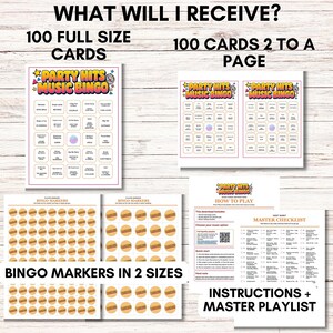 May include: A collection of printable party games, including 100 full-size bingo cards, 100 cards with two per page, bingo markers in two sizes, instructions, and a master playlist. The game is titled "Party Hits Music Bingo."