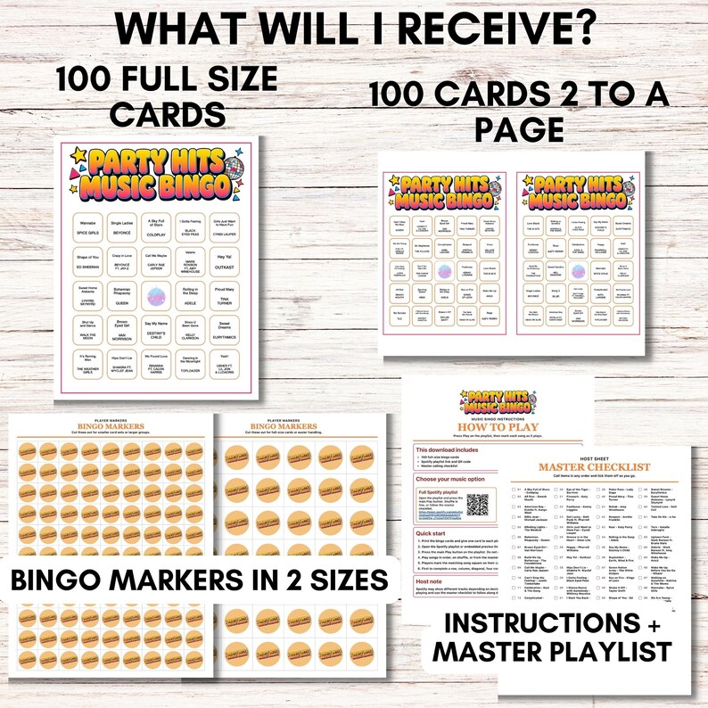 May include: A collection of printable party games, including 100 full-size bingo cards, 100 cards with two per page, bingo markers in two sizes, instructions, and a master playlist. The game is titled "Party Hits Music Bingo."