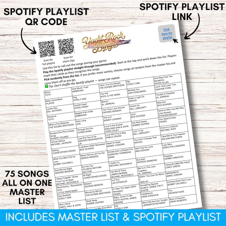 Yacht Rock Music Bingo – 70s 80s Soft Rock Party Game Printable
