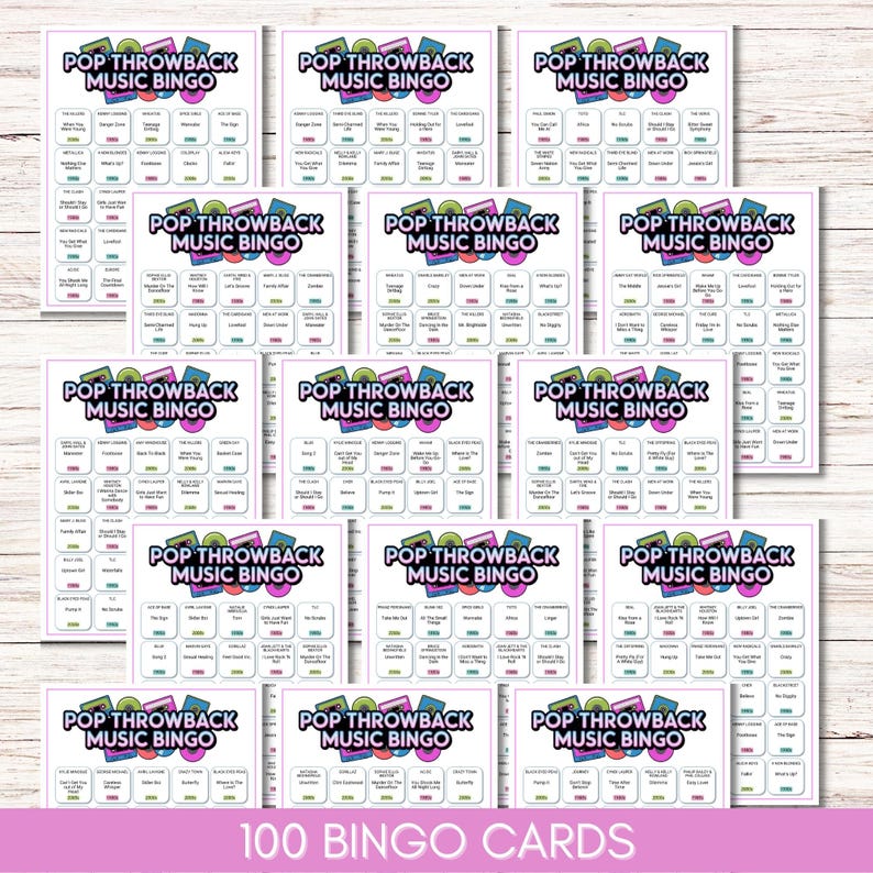 Pop Throwback Music Bingo, Printable 80s 90s 2000s Music Game, 75 Song Playlist