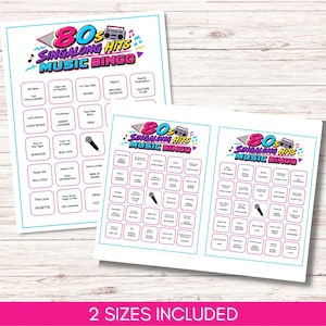 May include: Three printed 80s Singalong Hits Music Bingo game cards with a light blue border. Each card features a boombox graphic, musical notes, and a grid of song titles and artist names, with some squares containing a microphone icon.