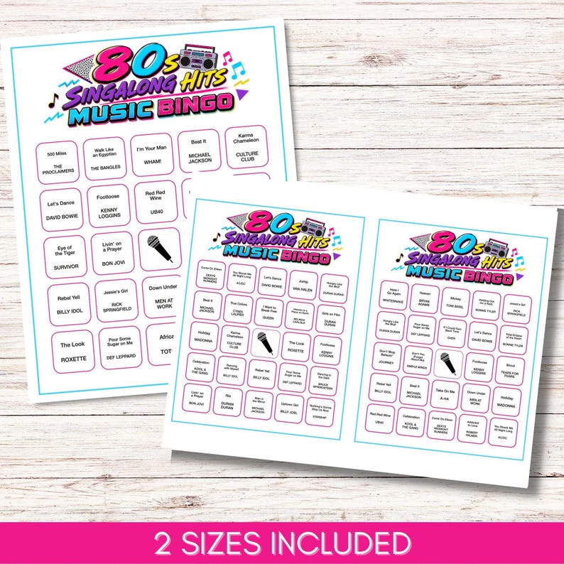 May include: Three printed 80s Singalong Hits Music Bingo game cards with a light blue border. Each card features a boombox graphic, musical notes, and a grid of song titles and artist names, with some squares containing a microphone icon.