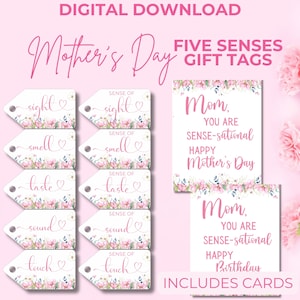 Five Senses Gift Tags For Her, Mother&#39;s Day DIY Gift For Mom, Birthday, Printable, Present From Kids, Unique Gift, Instant Download MD001