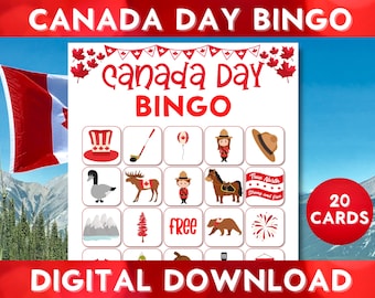 Jeu de bingo imprimable de la fête du Canada, 20 cartes de bingo uniques, jour, plaisir en famille, activités en classe