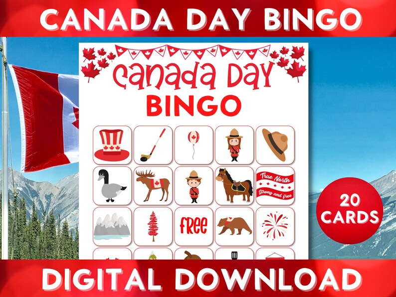 Canada Day Printable Bingo Game 20 Unique Bingo Cards Day Etsy