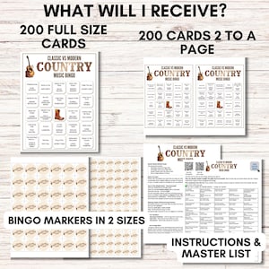 Modern vs Classic Country Music Bingo – 200 Cards Printable Party Game (Large Group)