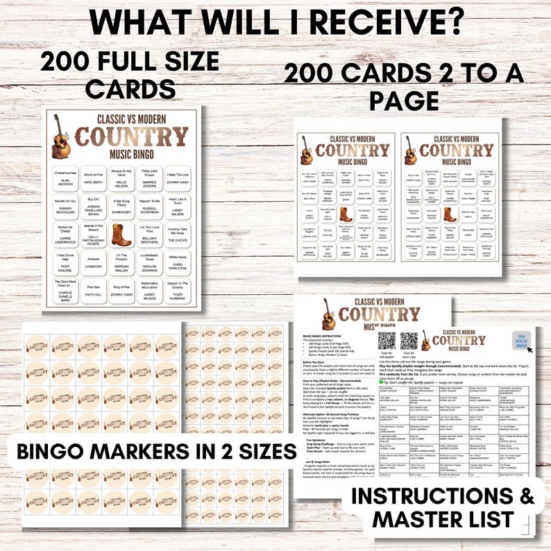 Modern vs Classic Country Music Bingo – 200 Cards Printable Party Game (Large Group)