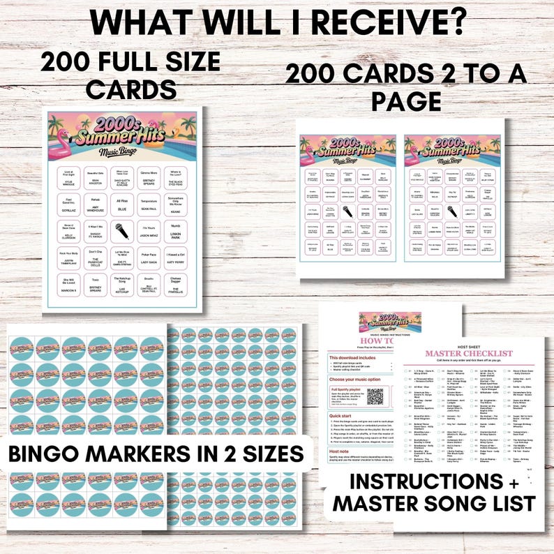2000s Summer Hits Music Bingo - 200 Cards, Y2K Party Game (Printable)