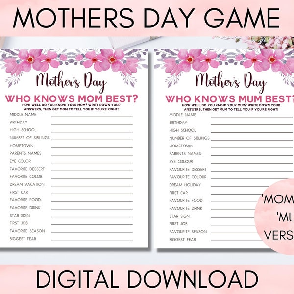 Printable Mother's Day Who Knows Mom Best Game, Family Game Night, Mothering Sunday MD001